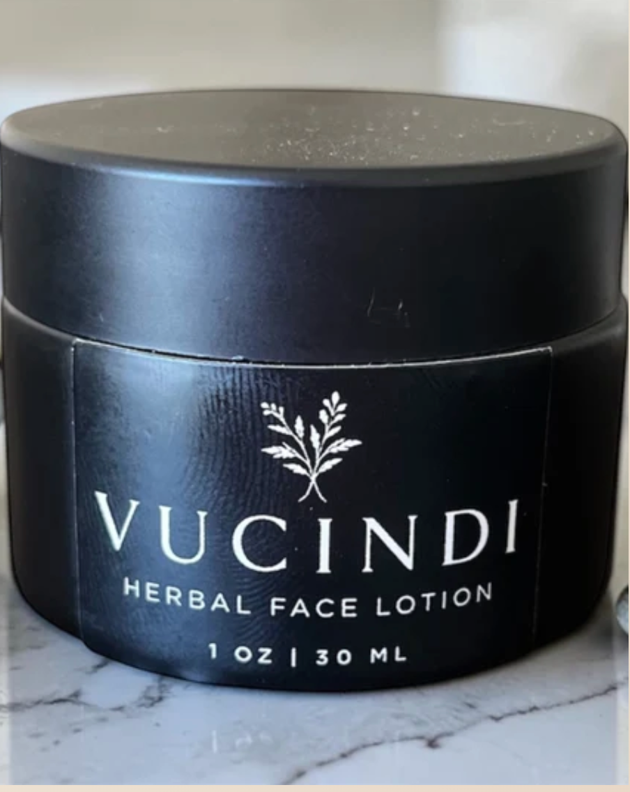 Closed one ounce jar of Vucindi herbal face lotion